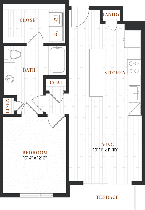 Floor plan for 1 bed, 1 bath, 722 sqft